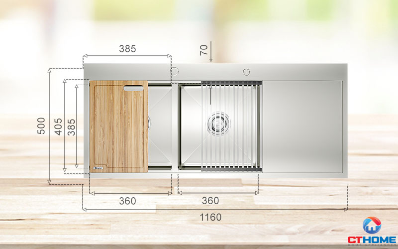 Chậu rửa 2 hố kích thước lớn đáp ứng nhu cầu rửa rau củ, vật dụng