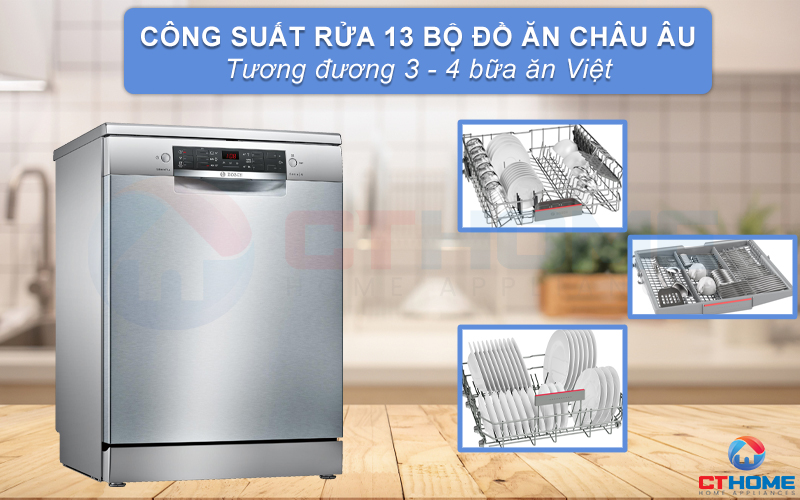 Máy rửa bát Bosch SMS46LI00E có công suất rửa tối đa đến 13 bộ đồ ăn châu Âu.