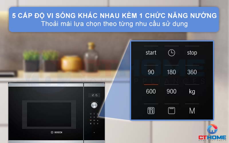 Nấu nướng nhanh chóng với 5 cấp độ lò nướng vi sóng và 1 cấp độ nướng