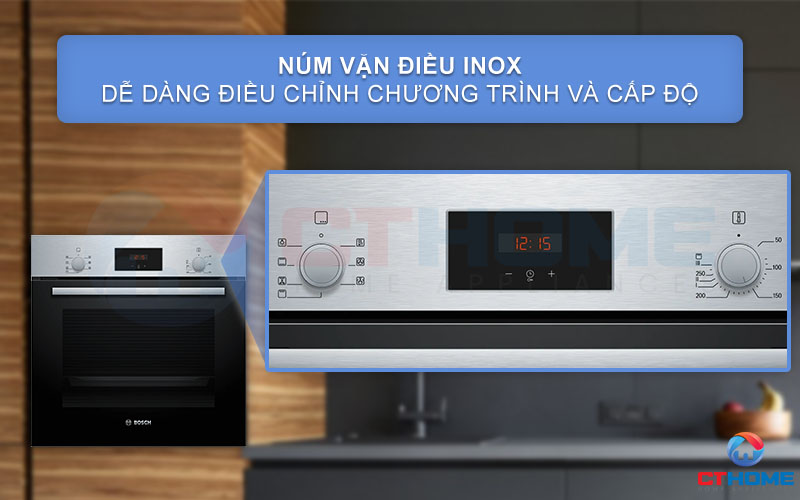 Điều chỉnh chương trình nướng và nhiệt độ với núm vặn inox