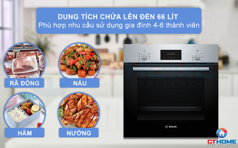 Dung tích nướng lên đến 66 lít, phù hợp với gia đình có 4-6 thành viên