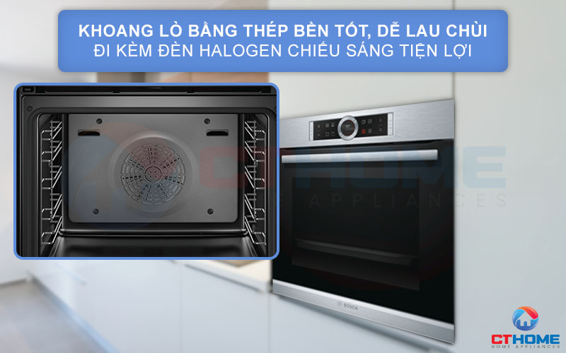 Khoang lò bằng thép không gỉ bền tốt, dễ lau chùi đi kèm đèn Halogen tiện lợi