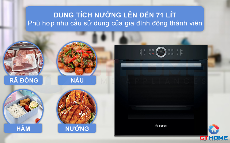 Dung tích lò nướng Bosch HBG675BB1 lên đến 71 lít phù hợp với gia đình đông người