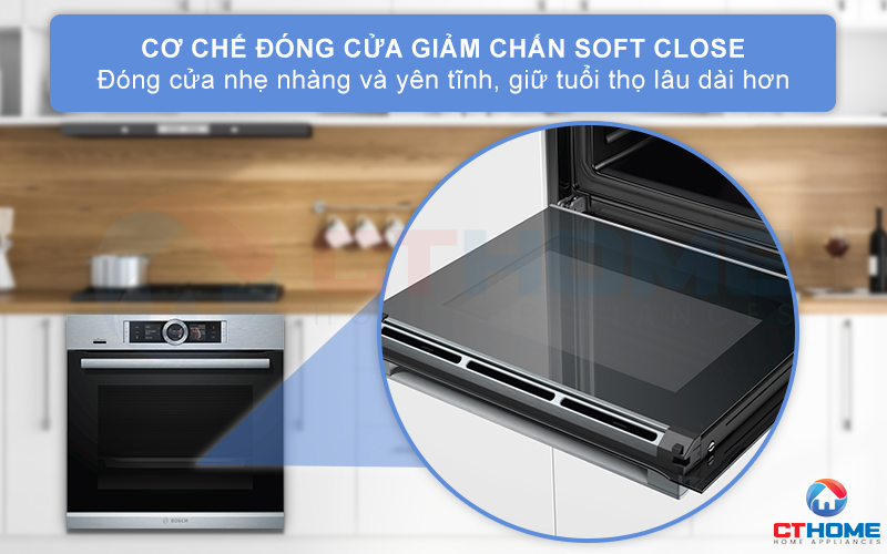 Đóng nắp lò bằng cơ chế Soft Close giúp cửa lò đóng mở nhẹ nhàng và yên tĩnh