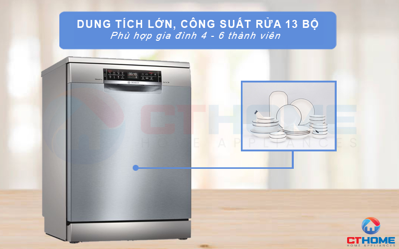 Dung tích chứa lớn hỗ trợ rửa tối đa 13 bộ đồ ăn châu Âu.