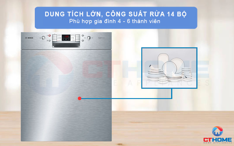 Dung tích chứa lớn với công suất rửa tối đa 14 bộ đồ ăn châu  u phù hợp với những gia đình đông thành viên