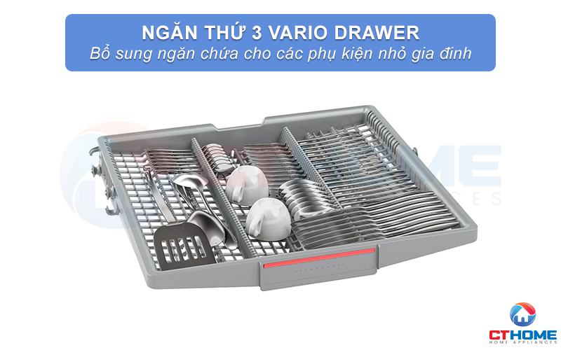 Ngăn thứ 3 Vario Drawer hỗ trợ chứa các phụ kiện nhỏ trong máy rửa bát Bosch SMU6ECS57E 