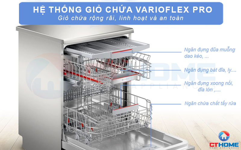 Hệ thống giỏ chứa VarioFlex Pro tạo ra ngăn chứa lớn cho máy rửa bát Bosch SMS6ECI93E.