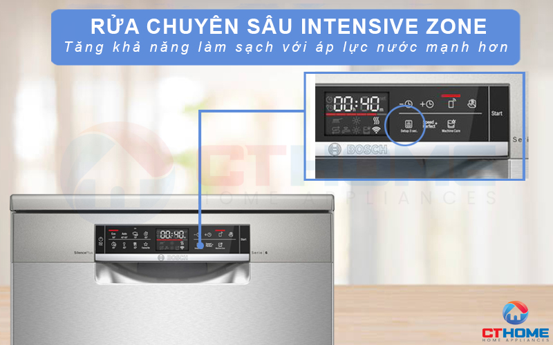 Tính năng rửa chuyên sâu IntensiveZone làm sạch các cặn bẩn bám trên xoong nồi.