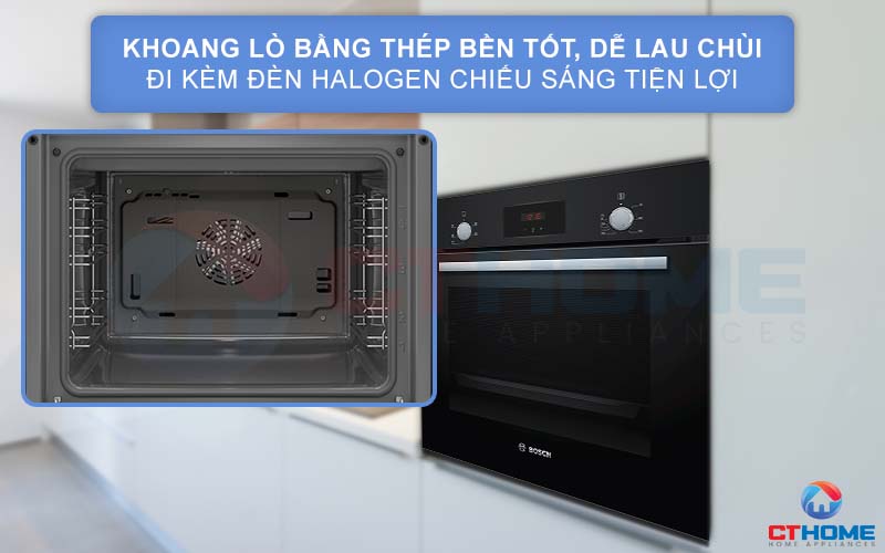 Khoang lò được làm bằng thép không gỉ bền tốt, dễ lau chùi đi kèm đèn Halogen chiếu sáng tiện lợi