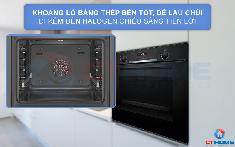 Khoang lò được làm bằng thép không gỉ bền tốt, dễ lau chùi đi kèm đèn Halogen chiếu sáng tiện lợi