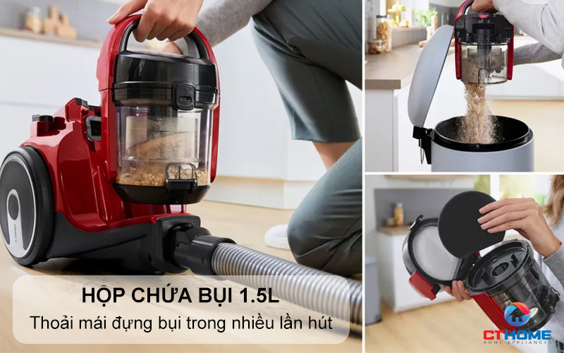Hộp chứa bụi 1.5L, thoải mái đựng bụi trong nhiều lần hút