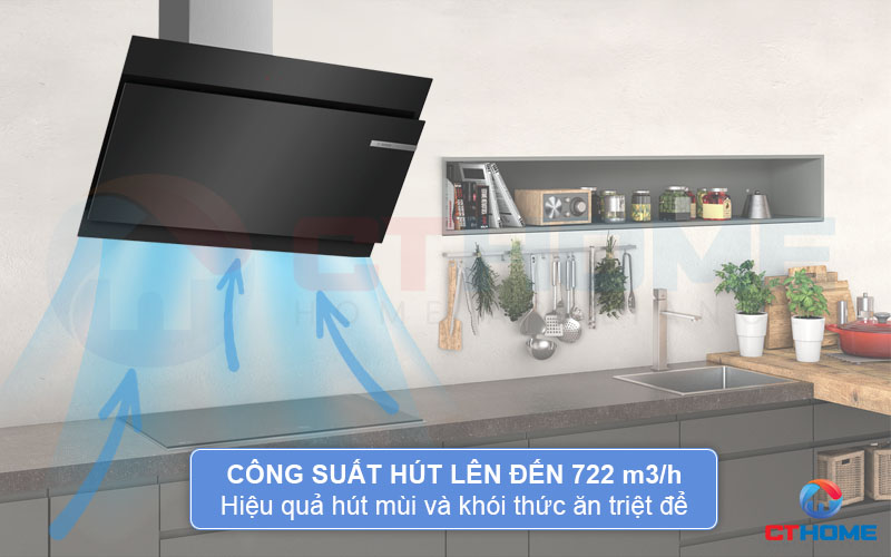 Công suất hút tối đa 722 m3/h hút sạch mùi và khói thức ăn, trả lại không khí trong lành