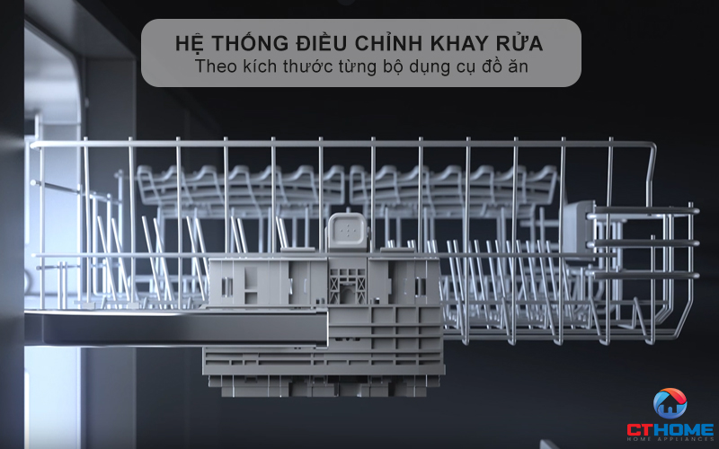 Hệ thống điều chỉnh khay rửa theo kích thước từng bộ dụng cụ đồ ăn