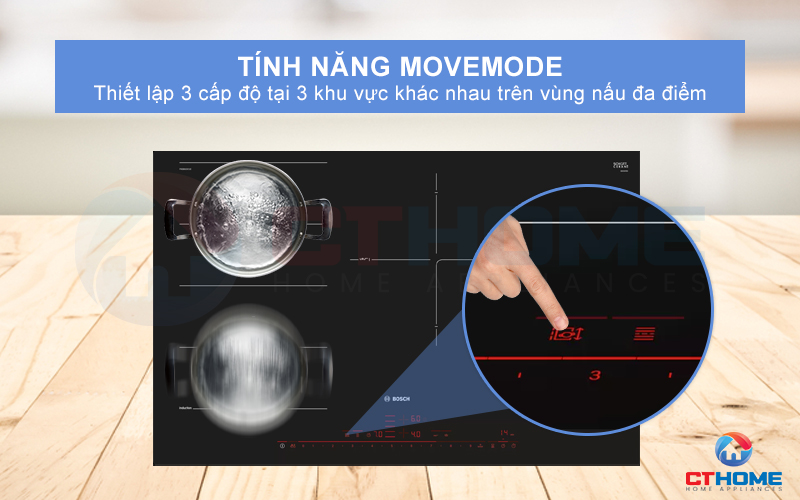 Thiết lập 3 mức cấp độ nhiệt khác nhau trên vùng nấu đa điểm với Move Mode