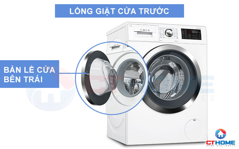 Lồng máy giặt cửa trước, bản lề cửa bên trái thuận tiện cho việc đóng mở cửa máy