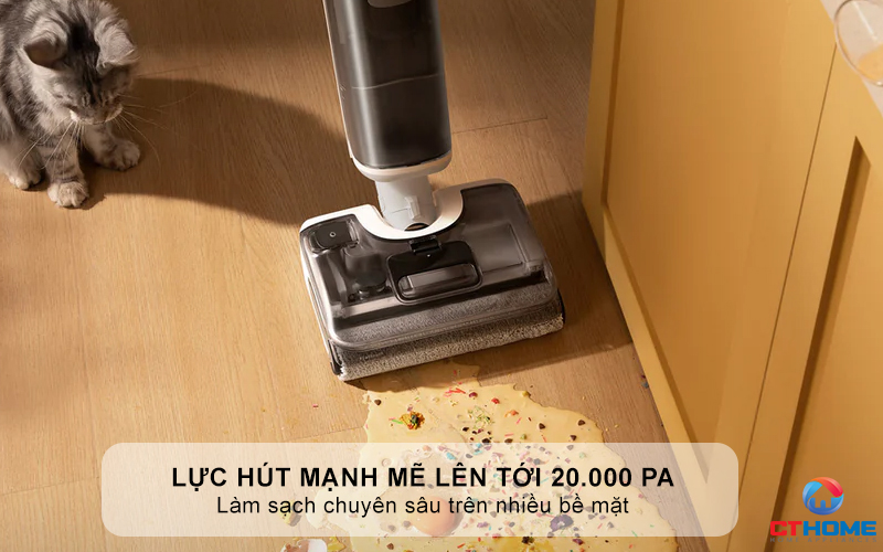 Lực hút mạnh mẽ lên tới 20.000 Pa với máy hút bụi lau nhà- Làm sạch chuyên sâu trên nhiều bề mặt