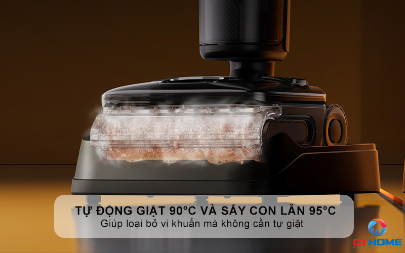 Tính năng tự động giặt 90°C và sấy con lăn 95°C giúp loại bỏ vi khuẩn mà không cần tự giặt