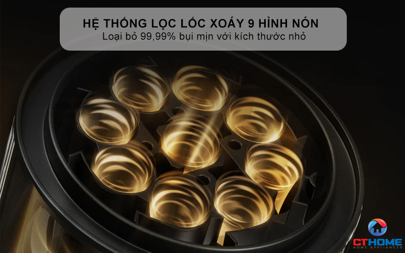 Hệ thống lọc lốc xoáy 9 hình nón - Loại bỏ 99,99% bụi mịn với kích thước nhỏ