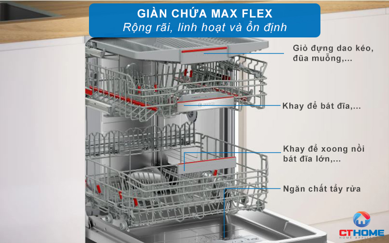 Giàn rửa MaxFlex linh hoạt cùng khớp nối Rackmatic khay điều chỉnh 3 nấc sắp xếp gọn gàng 