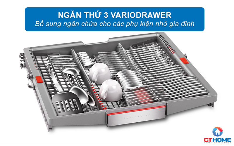 Ngăn thứ 3 là nơi phù hợp để sắp xếp các dụng cụ như thìa, muỗng, dao, kéo, tách cà phê,...