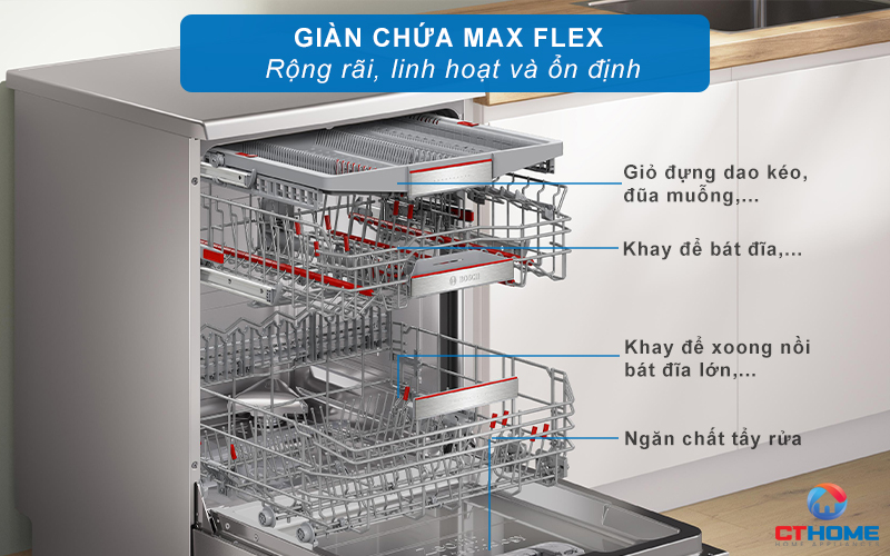 Giàn rửa MaxFlex linh hoạt cùng khớp nối Rackmatic khay điều chỉnh 3 nấc sắp xếp gọn gàng 