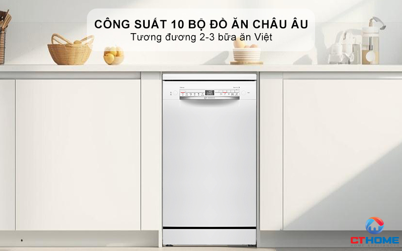 Công suất rửa 10 bộ bát đĩa, tương đương 2-3 bữa ăn Việt