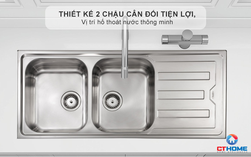 Thiết kế 2 chậu cân đối tiện lợi, vị trí hố thoát nước thông minh giúp dễ dàng thoát nước