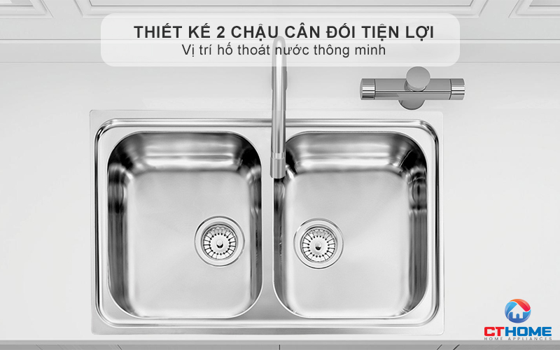 Thiết kế 2 chậu cân đối tiện lợi, vị trí hố thoát nước thông minh giúp dễ dàng thoát nước