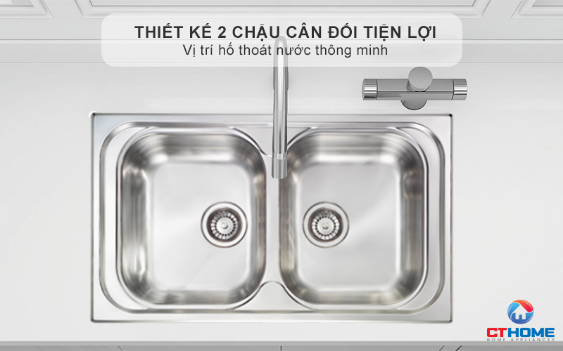 Thiết kế 2 chậu cân đối tiện lợi, vị trí hố thoát nước thông minh giúp dễ dàng thoát nước