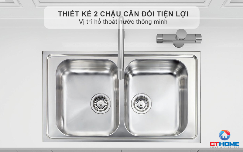 Thiết kế 2 chậu cân đối tiện lợi, vị trí hố thoát nước thông minh giúp dễ dàng thoát nước