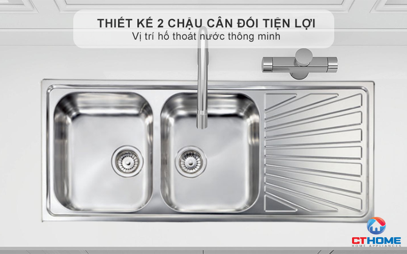 Thiết kế 2 chậu cân đối tiện lợi, vị trí hố thoát nước thông minh giúp dễ dàng thoát nước