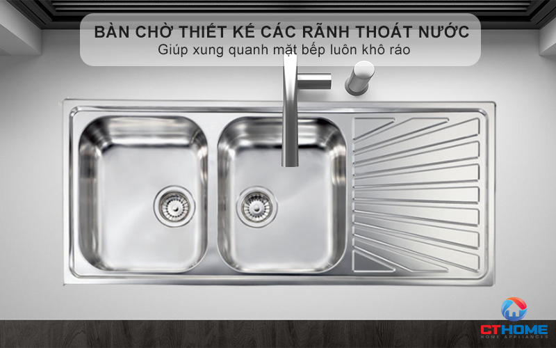 Bàn chờ thiết kế các rãnh thoát nước giúp xung quanh mặt bếp luôn khô ráo