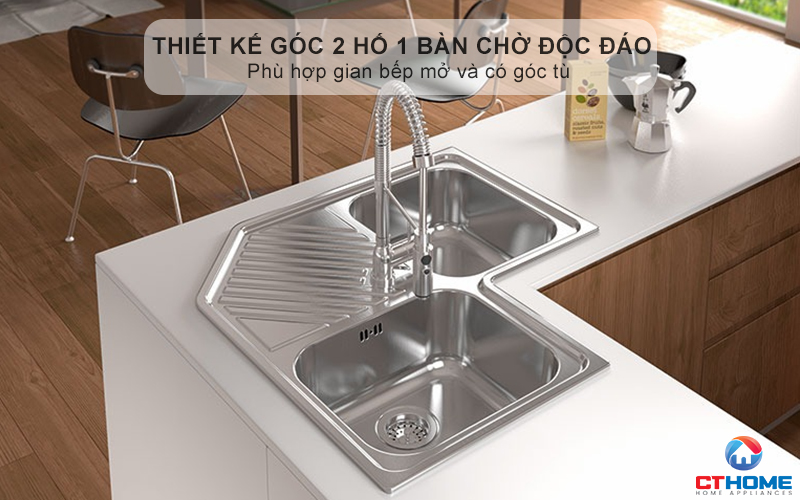 Thiết kế góc 2 hố 1 bàn chờ độc đáo -  Phù hợp gian bếp mở và có góc tù