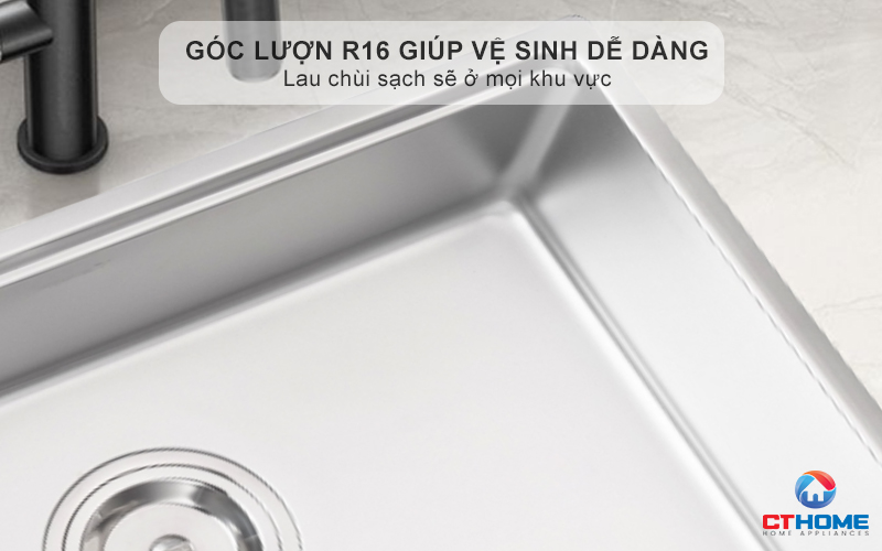 Góc lượn R16 mm giúp vệ sinh dễ dàng 