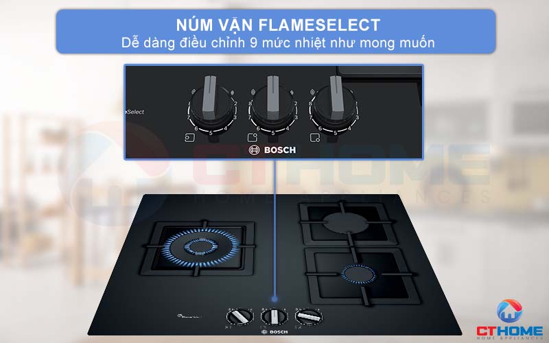 3 núm vặn FlameSelect dễ dàng điều chỉnh 9 mức độ nhiệt như mong muốn.