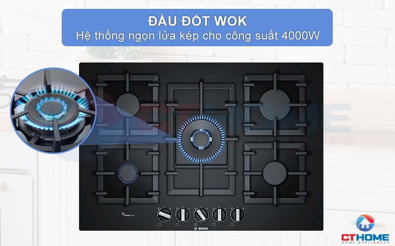 Đầu đốt WOK với hệ thống ngọn lửa kép giúp nấu nướng nhanh chóng.