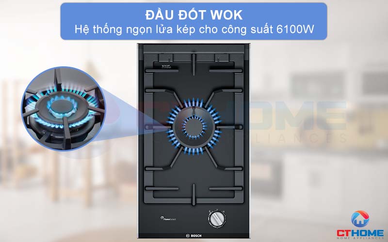 Đầu đốt Wok có công suất 6100W giúp nấu ăn nhanh chóng.