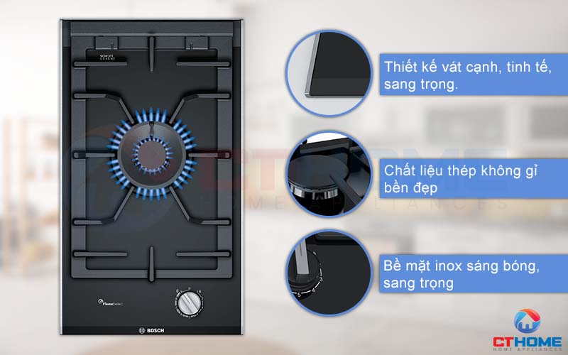 Bếp ga Bosch PRA3A6B90 thiết kế viền nhôm chắc chắn, bề mặt sáng bóng.