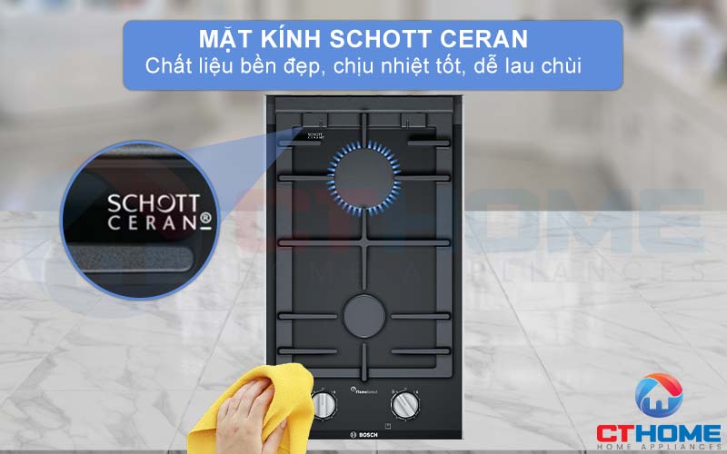 Mặt kính Schott Ceran bền đẹp, chịu nhiệt tốt và dễ lau chùi.