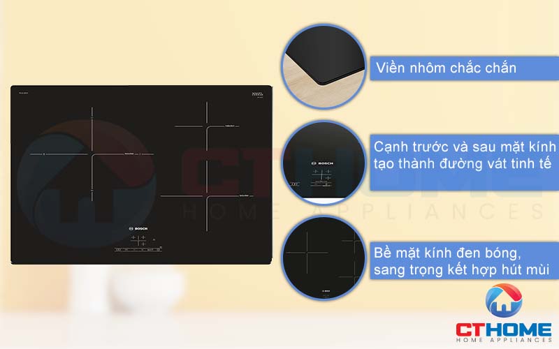 Bếp từ Bosch PUJ611BB1E góc bo tròn sang trọng, bề mặt bếp hài hòa.