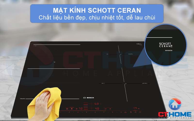 Mặt kính Schott Ceran bền đẹp, chịu nhiệt tốt và dễ lau chùi.