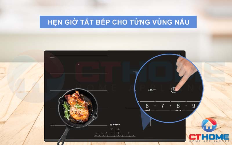 Dễ dàng hẹn giờ tắt bếp từ Bosch PXE631FC1E cho từng vùng nấu.