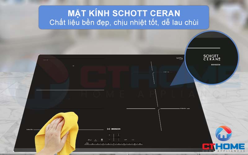 Mặt kính Schott Ceran bền đẹp, chịu nhiệt tốt và dễ lau chùi.