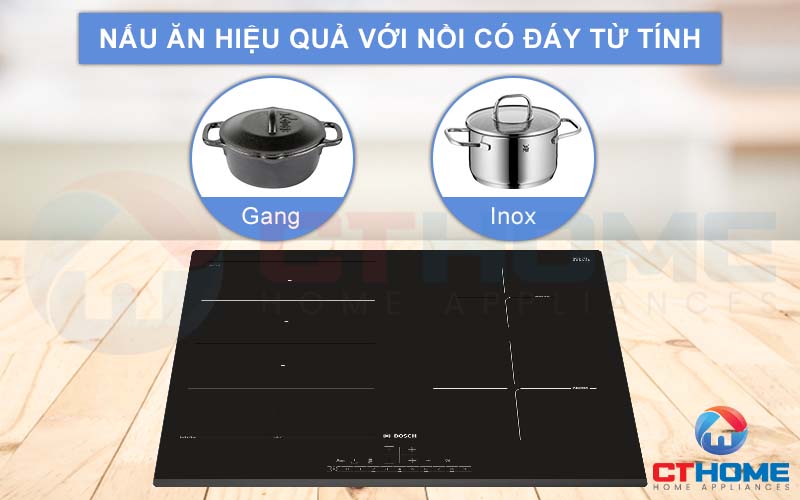 Lựa chọn nồi chảo có đáy từ tính để có thể nấu trên bếp từ Bosch PXE631FC1E.