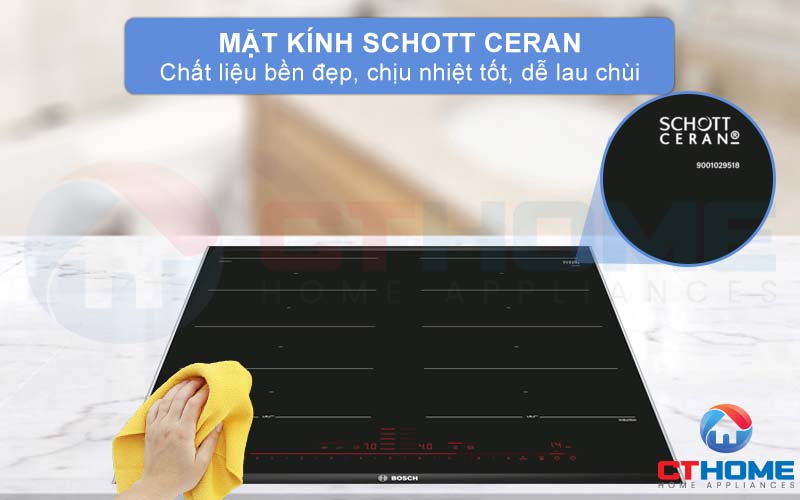 Mặt kính Schott Ceran bền đẹp, chịu nhiệt tốt, dễ lau chùi.