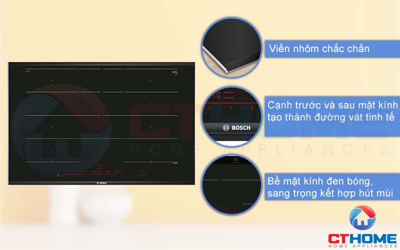 Bếp từ Bosch PXY875DC1E có thiết kế viền nhôm chắc chắn, bề mặt kính bóng đẹp và sang trọng.