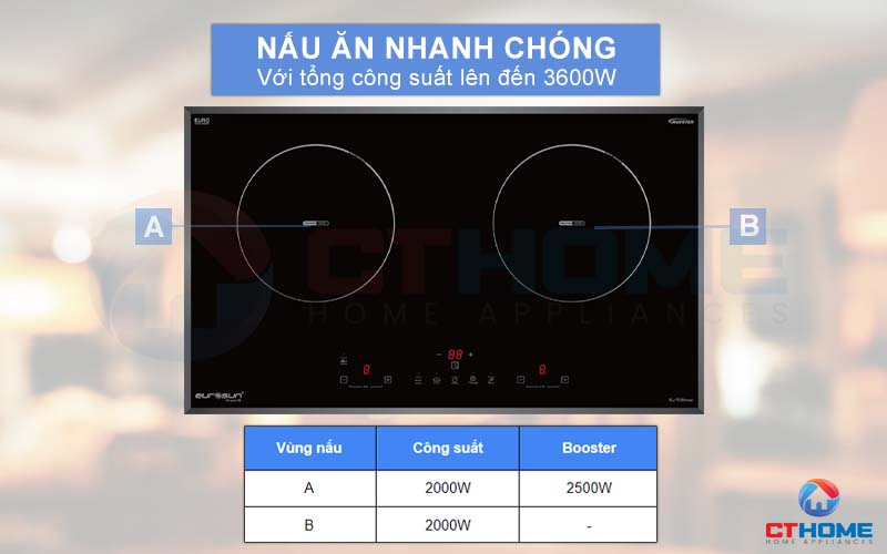 Bếp từ 2 vùng nấu với công suất lên đến 3600W giúp bạn nấu nướng nhanh chóng