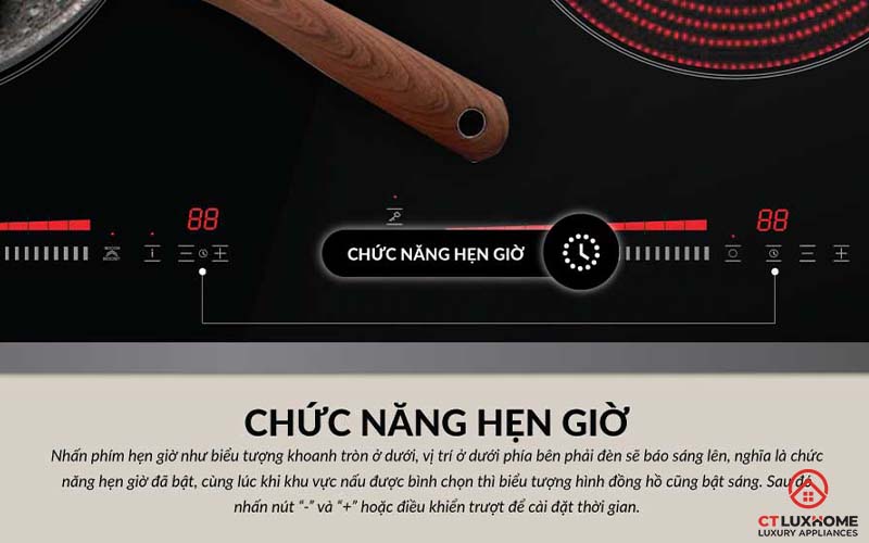 Bếp từ EU-TE887G trang bị tính năng hẹn giờ, chủ động thời gian khi nấu.