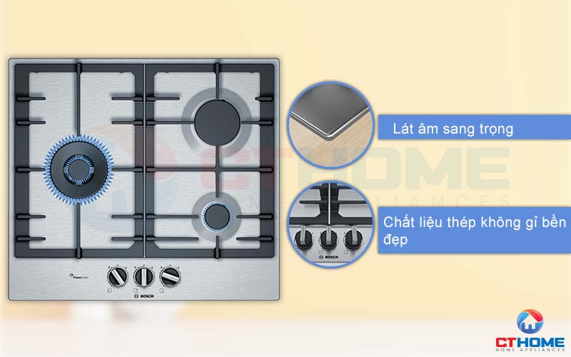 Bếp gas Bosch PCC6A5B90 thiết kế lắp âm sang trọng, chất liệu thép không gỉ bền đẹp.